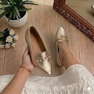 Imagem de Sapatilha Mocassim Feminina Dourada Bico Fino com Corrente Elegante Co