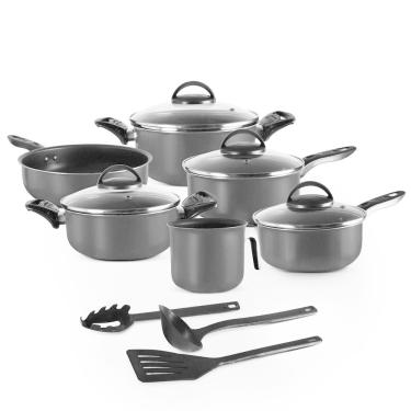 Imagem de Jogo de Panelas 09 Peças Preto Antiaderente c/ Tampa de Vidro + Utensílios