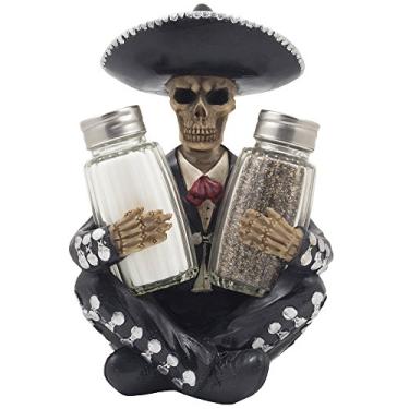Imagem de Conjunto de saleiro e pimenteiro Diâmetro de Los Muertos Mariachi com suporte de estatueta decorativo para decoração de festival mexicano do dia dos mortos ou decoração de mesa de cozinha de festa de Halloween como presentes góticos