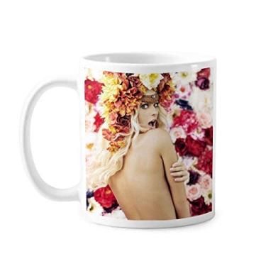 Imagem de Caneca feminina entusiasmada decorada com flores nuas cerâmica xícara de café porcelana louça