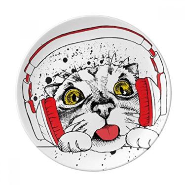 Imagem de Fone de ouvido vermelho branco protege gato animal Pet Lover prato decorativo de porcelana salver louça jantar prato