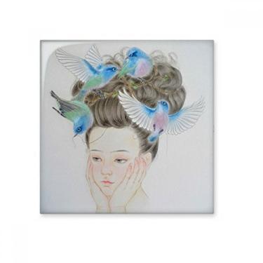 Imagem de Pretty Girl Blue Bird Pintura chinesa Azulejo de cerâmica brilhante Decalque de tijolo vitrificado Pedra adornada