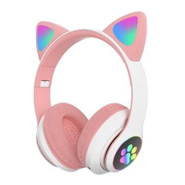 Imagem de Fone de Ouvido/Headset Gamer Orelhas de Gatinho Com LED Sem Fio, Bluetooth e Com Microfone (Branco e rosa)
