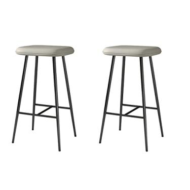 Imagem de Cadeiras de jantar cadeiras de sala de jantar bancos de bar com altura de balcão conjunto de 2, bancos de ilha de cozinha estofados de couro moderno com pernas pretas com apoio para os pés para casa bar sala de jantar pub tudo está bem