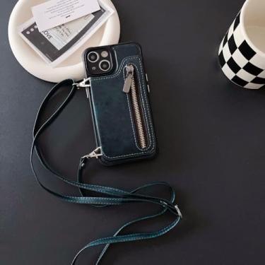 Imagem de Capa de telefone de couro carteira com zíper crossbody para iPhone 14 13 12 11 Pro Max com suporte de cartão capa à prova de choque de plástico rígido, verde, para iPhone 13