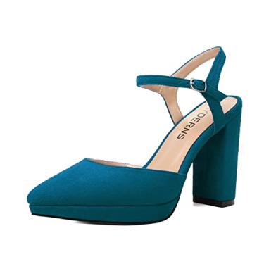 Imagem de WAYDERNS Sapatos femininos de salto alto com salto alto bloco de salto alto plataforma com tira no tornozelo e salto alto, Azul-petróleo, 5