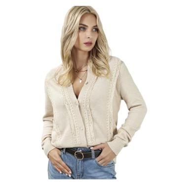 Imagem de Yueary Cardigã feminino de malha de cor sólida com borda de renda e botões na frente aberta e manga longa, Damasco, M