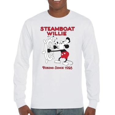 Imagem de Camiseta de manga comprida Steamboat Willie Vibing Since 1928 icônica retrô desenho animado mouse atemporal clássico vintage Vibe, Branco, P