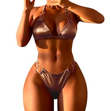 Imagem de Biquíni feminino atrevido, roupa de banho de praia, tamanho grande, com controle de barriga, biquíni transparente, Marrom, P