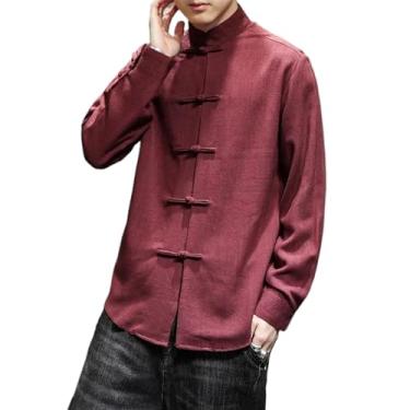 Imagem de Camisa masculina com botões chineses primavera outono algodão linho manga longa cor sólida casual cardigã masculino business top, Win Red, GG