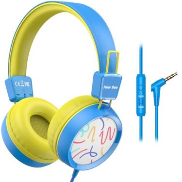 Imagem de Fones de ouvido infantis para escola com microfone New bee HD estéreo seguro volume limitado 85dB/94dB, dobrável, leve, fones de ouvido para PC/Mac/Android/Kindle/Tablet/Pad (azul)