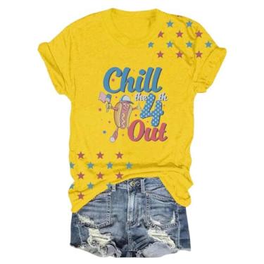 Imagem de Camiseta feminina 4 de julho, camisetas estampadas de cachorro-quente, caimento solto, casual, túnica, verão, dia da independência, Amarelo, 3G