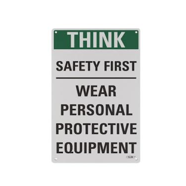 Imagem de Yellow Safety® Fique seguro com nossa placa Think Safety First em conformidade com OSHA - 38 x 25 cm, alumínio de 1 mm, aviso de equipamento de proteção pessoal essencial no local de trabalho