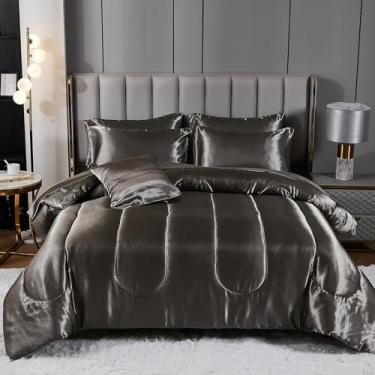 Imagem de Jogo de lençol Queen com estampa de seda, cinza, 8 peças, de cetim, cama em saco, de seda, hotel de luxo, com 1 capa de almofada (Queen, cinza)