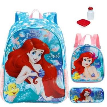 Imagem de Kit Mochila Infantil Princesa Sereia Ariel Disney Costas M Lancheira Estojo-Feminino