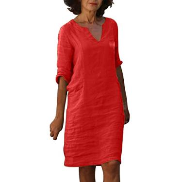 Imagem de Lainuyoah Vestido feminino de verão comprimento até o joelho 2024 ajuste solto mangas soltas vestido de praia elegante boho linho camisa vestido, B - vermelho, XXG