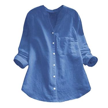 Imagem de Lainuyoah Blusas de linho de manga comprida para mulheres, camisas de verão, caimento solto, com botões, túnica boho, gola V, pulôver simples básico, Azul marino, XXG