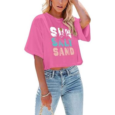 Imagem de CAZYCHILD Camisetas havaianas femininas para sol, sal e areia, coqueiro, verão, praia, estampado, camiseta cropped casual, rosa, G