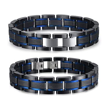Imagem de VNOX Pulseira de elos azul e preto em dois tons de aço inoxidável personalizada personalizada para homens, marido, pai, filho, presente, 20,8 cm/21,8 cm, 8.6 inches, Aço inoxidável, Sem pedras