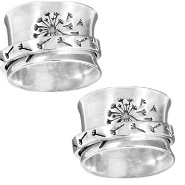 Imagem de 2 peças anel de prata girador de flores de dente-de-leão, anel de meditação, anel largo de ansiedade e inquietação feminina, anéis giratórios de inquietação Fidget sol e anel de montanha para (7)