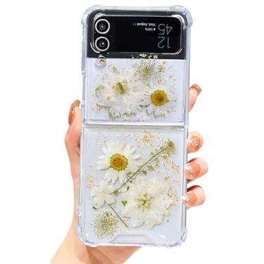 Imagem de Abbery Capa protetora à prova de choque para Samsung Galaxy Z FLIP 4 com design floral transparente dourado brilhante brilhante flor branca prensada verdadeira seca para mulheres meninas