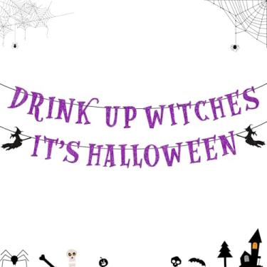 Imagem de DONCIDAY Drink Up Witches It's Halloween Banner, pré-montado Drink Up Witches Placa Glitter Roxo Tema Bruxa Suprimentos de Festa para Manto de Lareira Interior