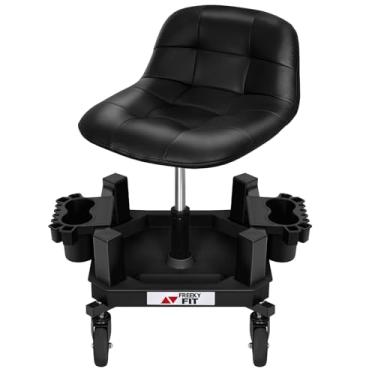 Imagem de FreekyFit Banco de rodinhas com rodas, banco de loja ajustável, banco de mecânico, cadeira de trabalho com rolo de garagem, assento móvel com bandeja de ferramentas, 2 suportes de copo, rodízios de 10