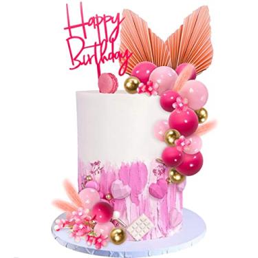 Imagem de MEMOVAN 29 peças de enfeite de bolo boho de flores decorações de bolo rosa choque bolas douradas folhas de palmeira plantas artificiais decoração de bolo para meninas boêmia rosa quente tema princesa