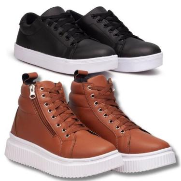 Imagem de Kit Tênis Feminino Preto + Bota Plataforma Caramelo. - Fierre, 37, Pre