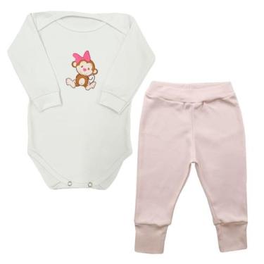 Imagem de Conjunto Body Manga Longa Bebê Macaquinha Laço Rosa + Calça - Generic,