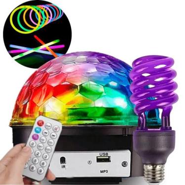 Imagem de Kit Festa Globo Colorido Led Rgb Usb Mp3 e Lâmpada NEON Com 10 Pulseir