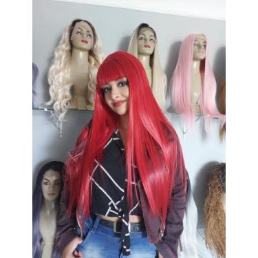 Imagem de Peruca, wig, vermelha, lisa, 75cm, fibra premium americana, franja ret
