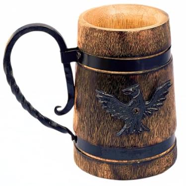Imagem de Caneca de cerveja de madeira de manga rústica feita à mão – Tanque Viking de 400 ml com forro de metal para café, chá, vinho e bebidas frias | Presente ecológico de caneca de madeira para homens e