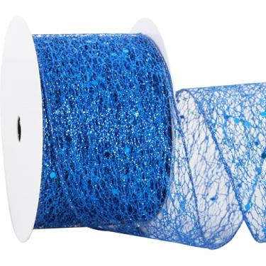 Imagem de RIBBOOO Fita de malha com glitter azul, fita de tecido brilhante de 6 cm e 10 metros para fazer laços de guirlanda, embrulho de presente, casamento, decoração de árvore de Natal