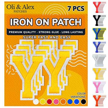 Imagem de Oli and Alex Letras amarelas de ferro de 6 cm - 7 peças de adesivos Y para roupas - Super cola - sem necessidade de costura - bordado time de futebol escolar universitário