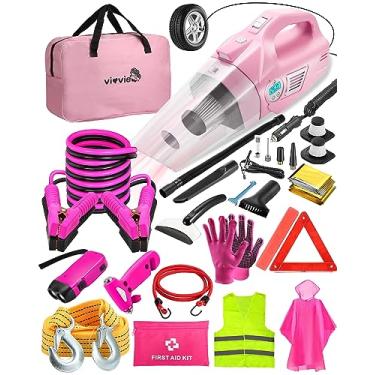 Imagem de Vioview Roadside Emergency Car Safety Kit, with 4-in-1 Inflatable Car Vacuum Cleaner, Pink Jumper Cables, First Aid Kit, Tow Rope. Vehicle Must Haves Emergency Kit Accessories for Women