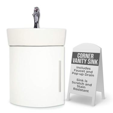 Imagem de Lavatório de pia de canto de murta Renovators Supply - Pia de parede com armário branco - Pia de banheiro resistente com torneira cromada e ralo pop-up - Porcelana resistente a arranhões e manchas