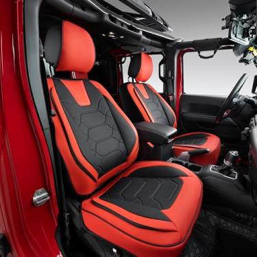 Imagem de OASIS AUTO 2007-2017 Wrangler JK Capas de assento de couro de 4 portas ajuste personalizado acessórios capa protetora almofada Unlimited X Rubicon Sahara (conjunto completo, preto e vermelho)