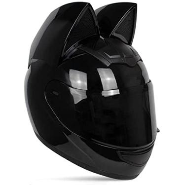 Imagem de Capacete de motocicleta Wangbadan adulto personalizado com orelha de gato, masculino e feminino Cool Cat Locomotive Motorcycle Capacete de rosto inteiro, certificação DOT/FMVSS-218 padrão, adequado para todas as estações, preto, M