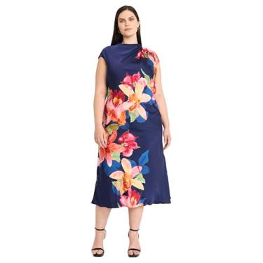 Imagem de Maggy London Vestido feminino com corte viés com pregas no ombro, Azul-marinho/ferrugem, 52