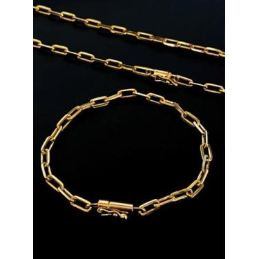 Imagem de Corrente + pulseira cadeado alongado 5mm banhado a ouro 18k - ToJoia18