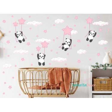 Imagem de Adesivo De Parede Panda Balanço Estrelas Rosa Bebê - senhorita decor, 