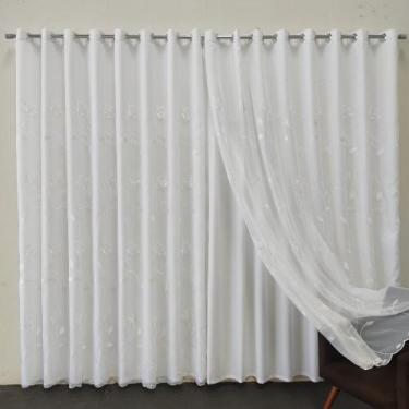 Imagem de Cortina Luxuosa Bordada Branca Voil Voal Com Forro Microfibra 5,00x2,6
