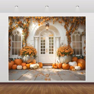 Imagem de Pano de fundo para fotografia de outono de Ação de Graças, 3 x 2,4 m, porta rústica de celeiro, colheita de abóbora, palheiro, folhas de ácer, palheiro, crianças, adultos, decoração de fundo para