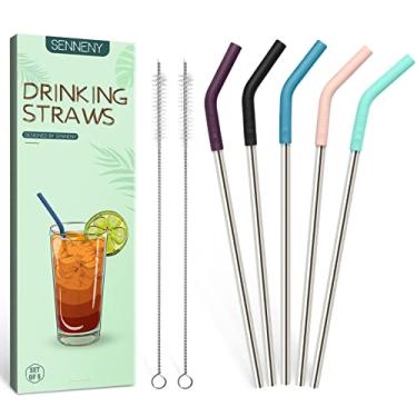 Imagem de Senneny Conjunto de 5 canudos de aço inoxidável com pontas flexíveis de silicone, 2 escovas de limpeza e 1 bolsa portátil incluída (prata) - 8 mm de diâmetro