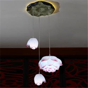 Imagem de OUFULA Luminária pendente de lótus contemporânea chinesa retrô criatividade sala de estar restaurante quarto villa hotel decoração led lustre (Pink 3 lights)