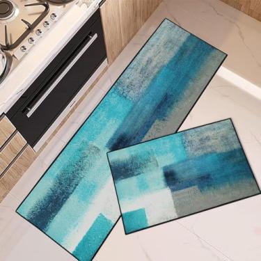 Imagem de ArtSocket Tapetes de cozinha e tapetes antiderrapantes laváveis conjunto de 2, tapete de corredor de cozinha cinza petróleo, verde turquesa abstrato cinza vintage tapete de cozinha sob o tapete de pia tapete para capacho