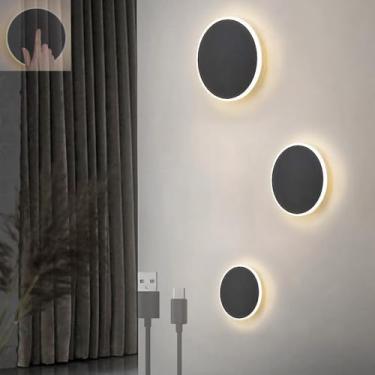 Imagem de Luminária de parede LED com interruptor de toque USB recarregável, luz de parede operada por bateria, luz de leitura redonda, metal, moderna, sem fio, arandela para quarto, sala de estar, va