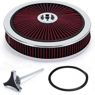 Imagem de Conjunto de filtro de filtro de ar lavável de alto fluxo redondo de 35,56 cm x 7,6 cm com tampa de fluxo cromado compatível com Ford/GMC/Chevy SBC BBC