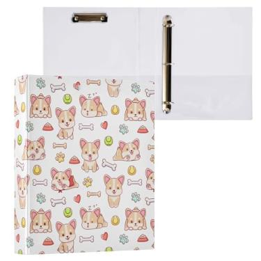 Imagem de Fichário fofo desenhado à mão com 3 anéis de osso de pata de tênis Corgi Dogs and Hearts 3,8 cm decorativo com prancheta e 3 bolsos transparentes, comporta 200 folhas de fichário de papel tamanho A4
